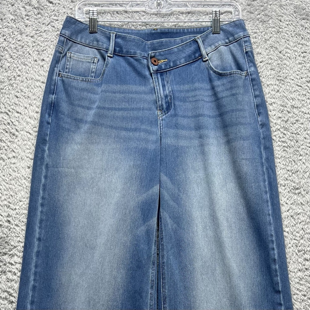 Halara Asymetrical Wide Leg Jeans PM Petite Medium Blue Stretch Faded Baggy - Picture 2 of 13